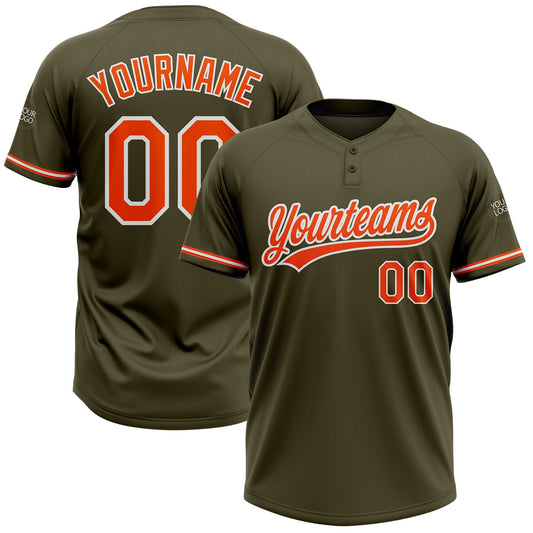 Custom Olive Orange-White Salute To Service Two-Button Unisex Softball Jersey - Main View