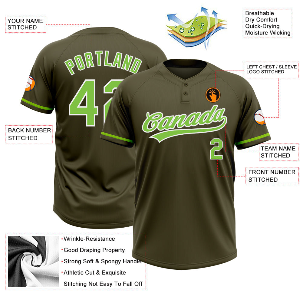 Custom Olive Neon Green-White Salute To Service Two-Button Unisex Softball Jersey view 3