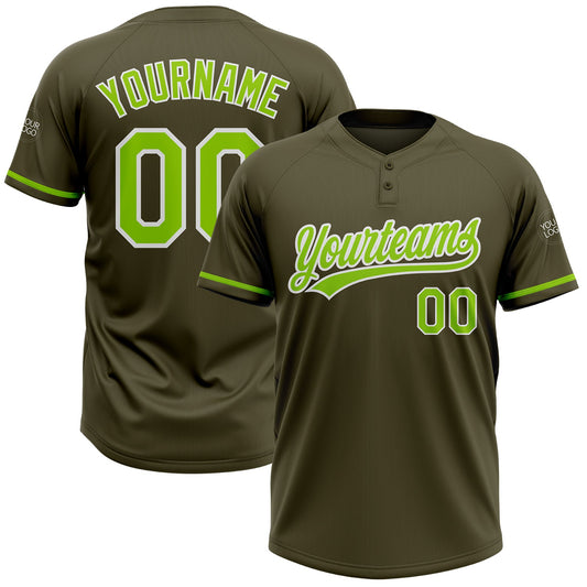 Custom Olive Neon Green-White Salute To Service Two-Button Unisex Softball Jersey - Main View