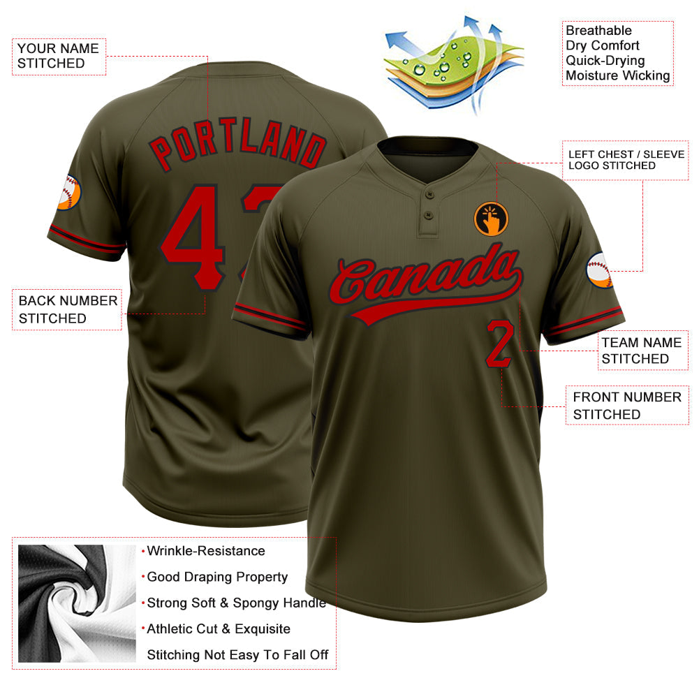 Custom Olive Red-Black Salute To Service Two-Button Unisex Softball Jersey view 3