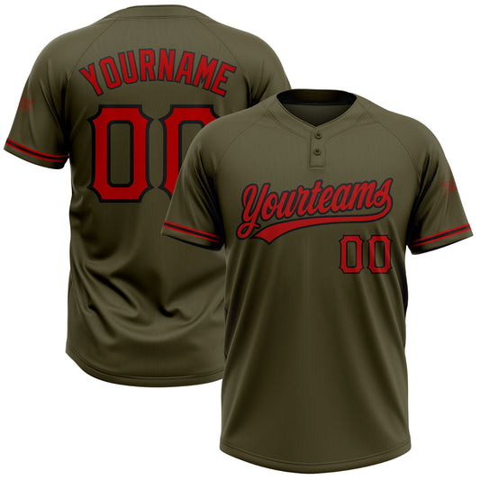 Custom Olive Red-Black Salute To Service Two-Button Unisex Softball Jersey - Main View