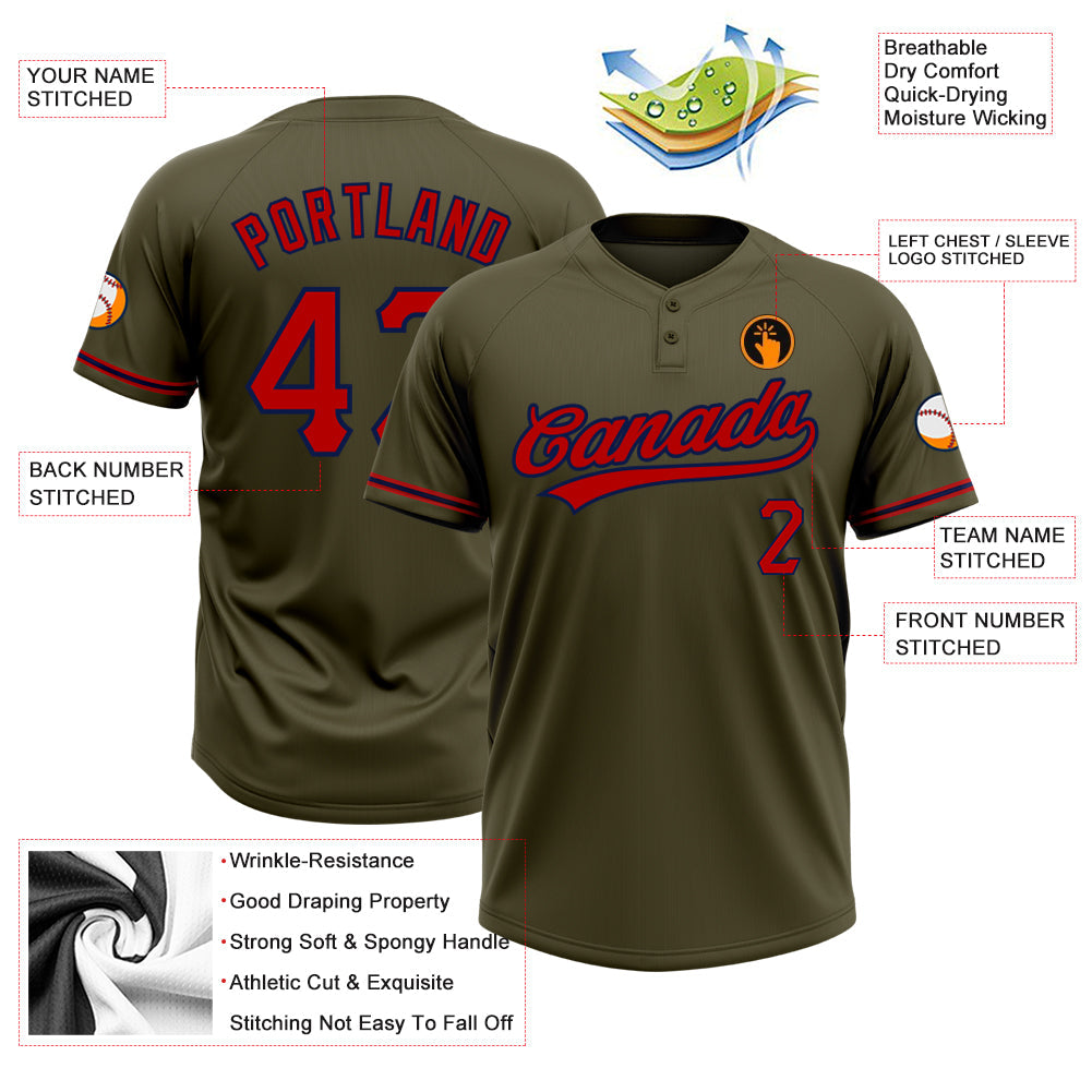 Custom Olive Red-Navy Salute To Service Two-Button Unisex Softball Jersey view 3