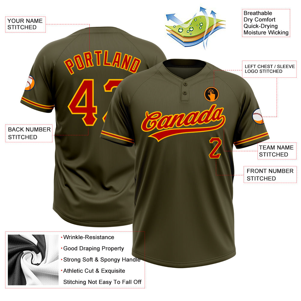 Custom Olive Red-Gold Salute To Service Two-Button Unisex Softball Jersey view 3