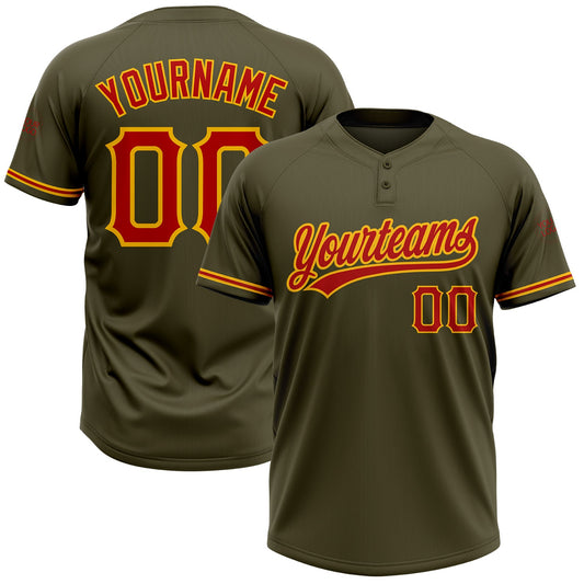 Custom Olive Red-Gold Salute To Service Two-Button Unisex Softball Jersey - Main View
