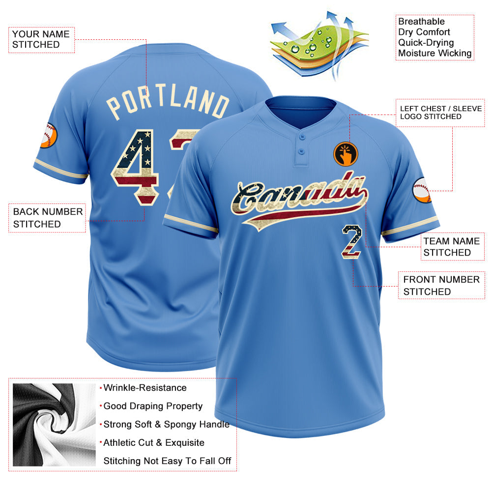 Custom Powder Blue Vintage USA Flag-Cream Two-Button Unisex Softball Jersey view 3