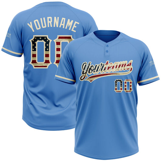 Custom Powder Blue Vintage USA Flag-Cream Two-Button Unisex Softball Jersey - Main View