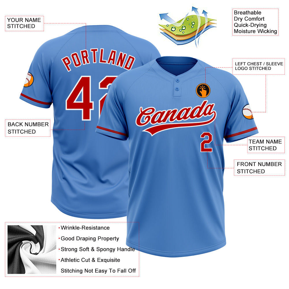 Custom Powder Blue Red-White Two-Button Unisex Softball Jersey view 3