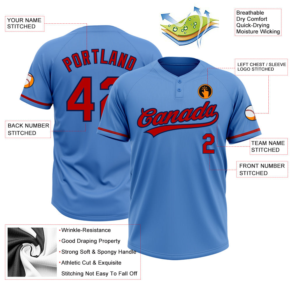 Custom Powder Blue Red-Navy Two-Button Unisex Softball Jersey view 3
