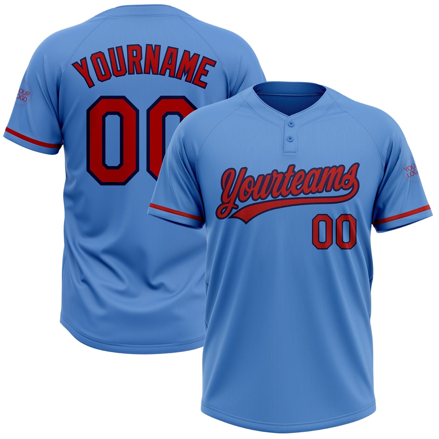 Custom Powder Blue Red-Navy Two-Button Unisex Softball Jersey - Main View