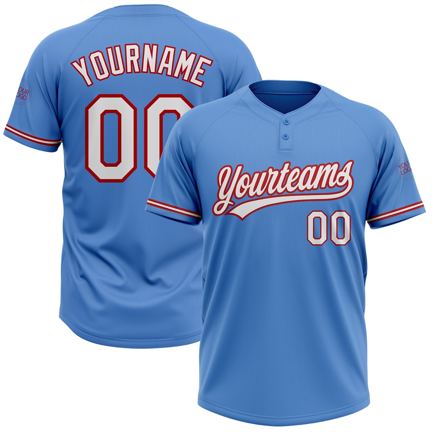Custom Powder Blue White-Red Two-Button Unisex Softball Jersey - Main View