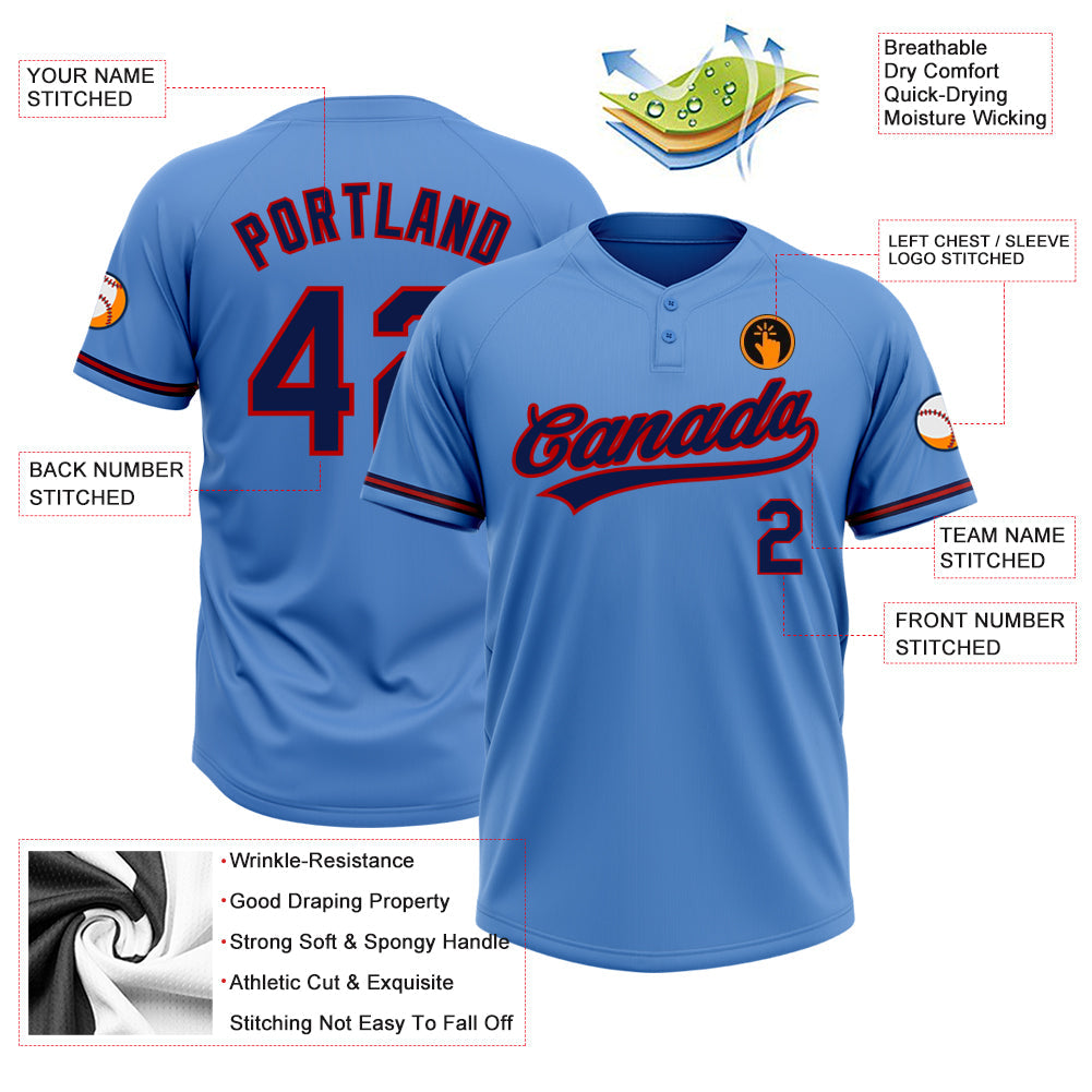 Custom Powder Blue Navy-Red Two-Button Unisex Softball Jersey view 3