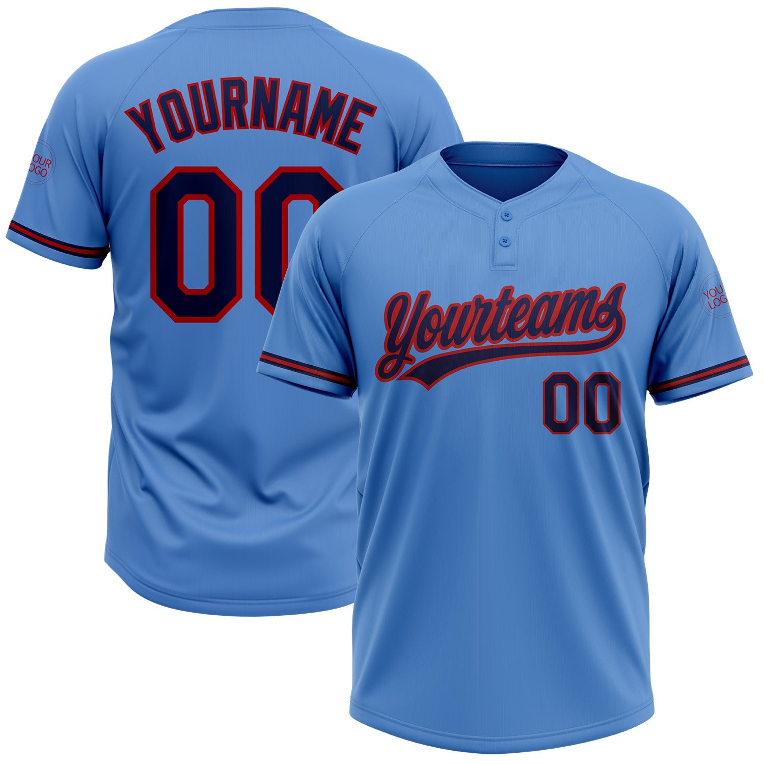 Custom Powder Blue Navy-Red Two-Button Unisex Softball Jersey - Main View