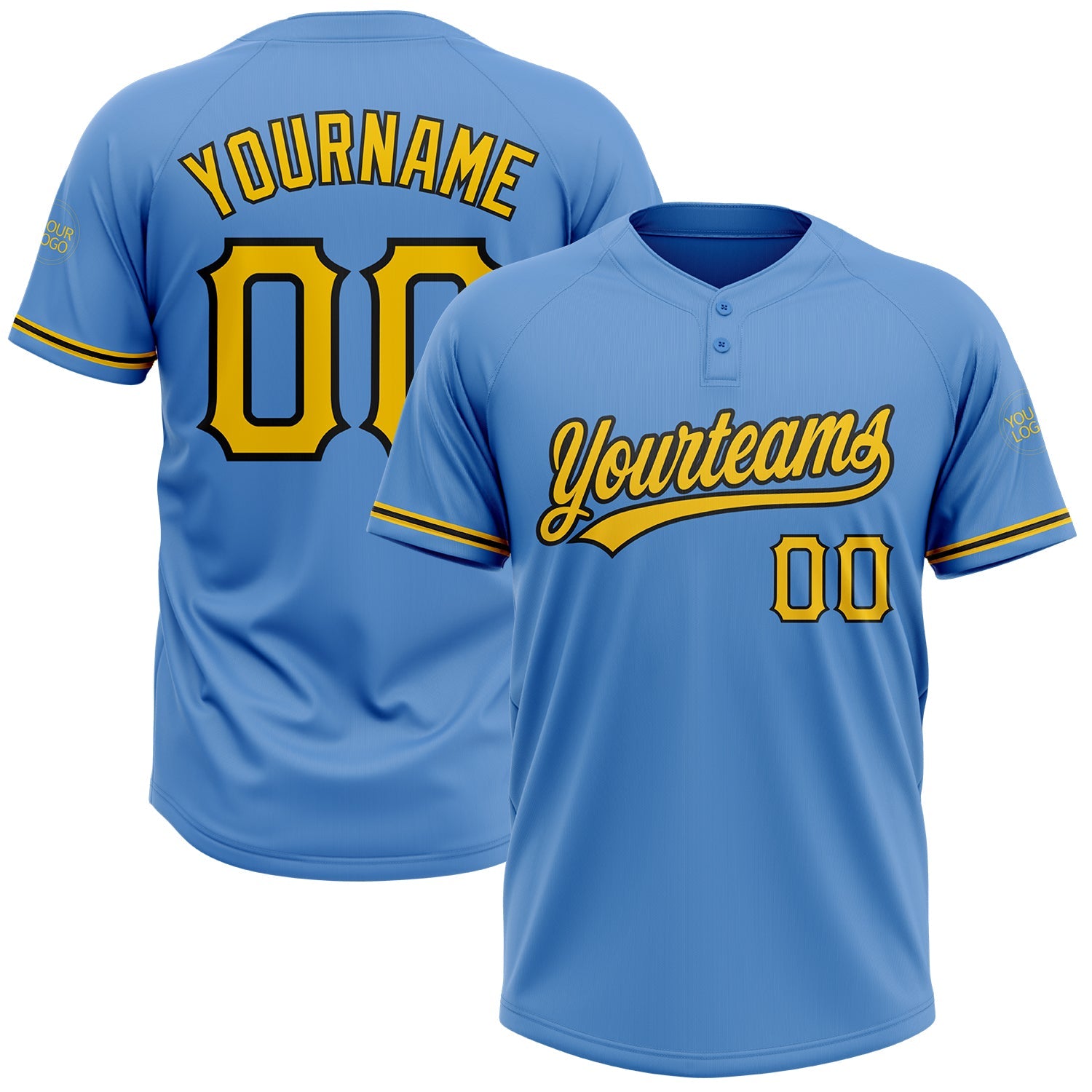Custom Powder Blue Yellow-Black Two-Button Unisex Softball Jersey - Main View