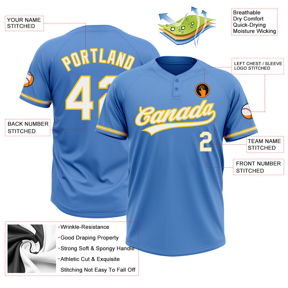 Custom Powder Blue White-Yellow Two-Button Unisex Softball Jersey view 3