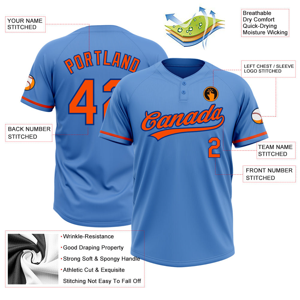Custom Powder Blue Orange-Royal Two-Button Unisex Softball Jersey view 3