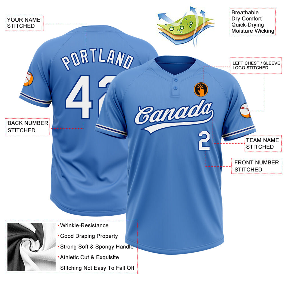Custom Powder Blue White-Royal Two-Button Unisex Softball Jersey view 3