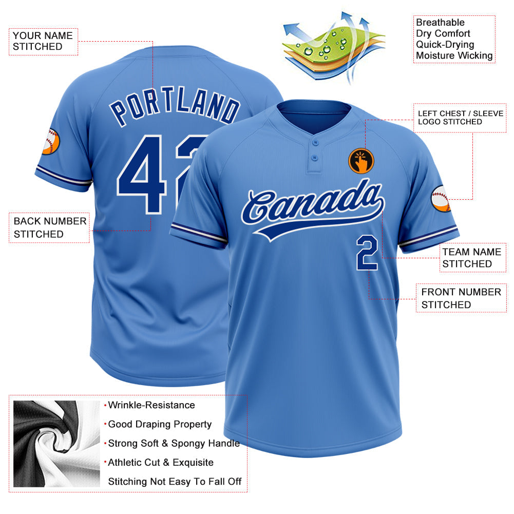 Custom Powder Blue Royal-White Two-Button Unisex Softball Jersey view 3
