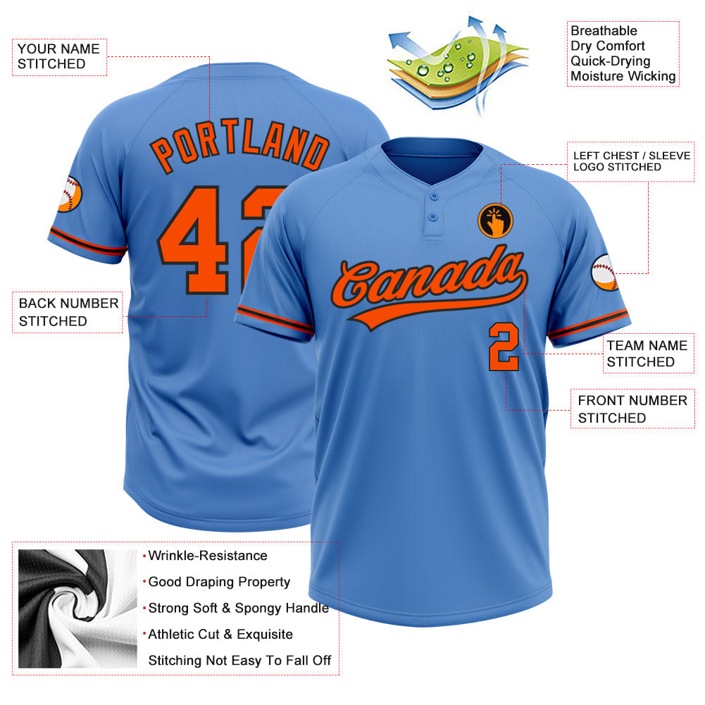 Custom Powder Blue Orange-Black Two-Button Unisex Softball Jersey view 3