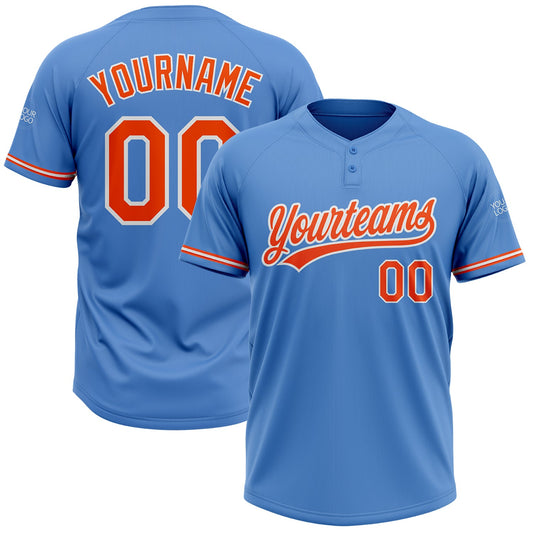 Custom Powder Blue Orange-White Two-Button Unisex Softball Jersey - Main View