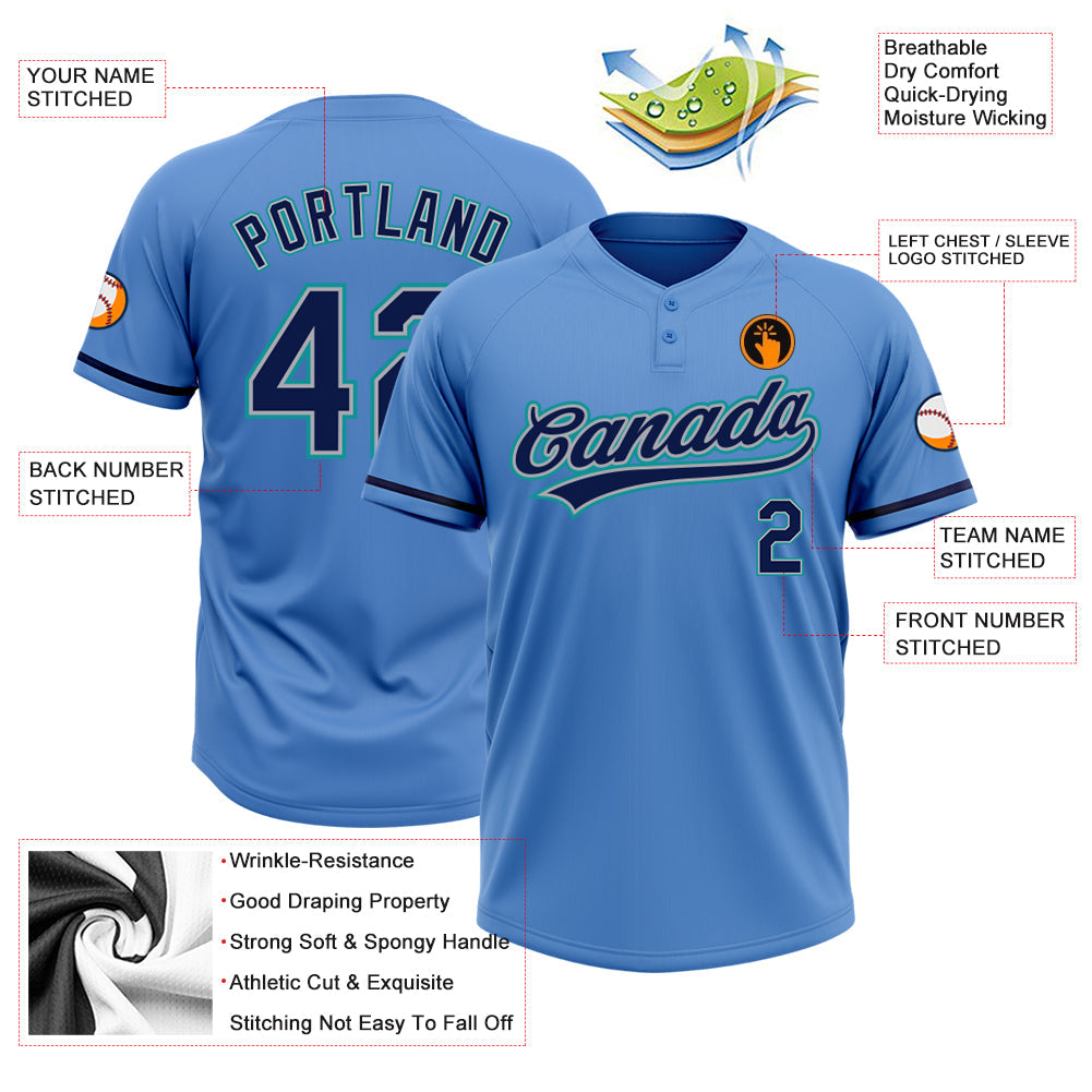 Custom Powder Blue Navy Gray-Teal Two-Button Unisex Softball Jersey view 3
