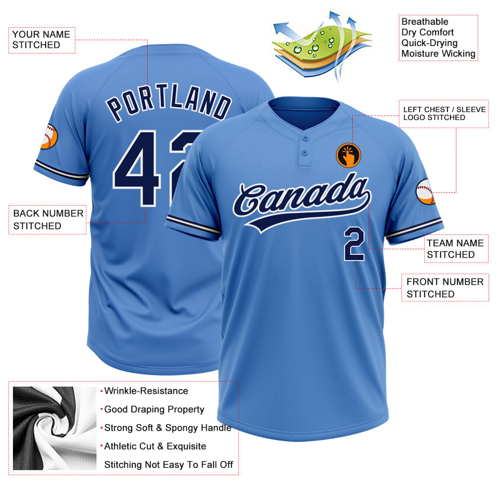 Custom Powder Blue Navy-White Two-Button Unisex Softball Jersey view 3