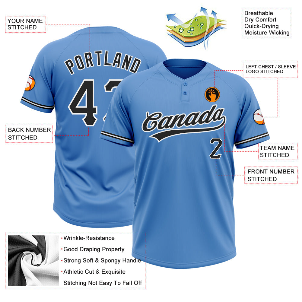 Custom Powder Blue Black-White Two-Button Unisex Softball Jersey view 3