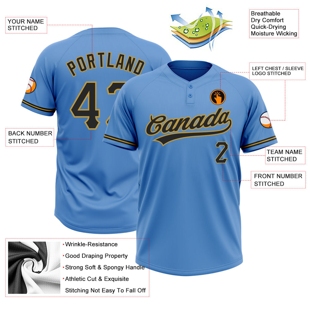 Custom Powder Blue Black-Old Gold Two-Button Unisex Softball Jersey view 3