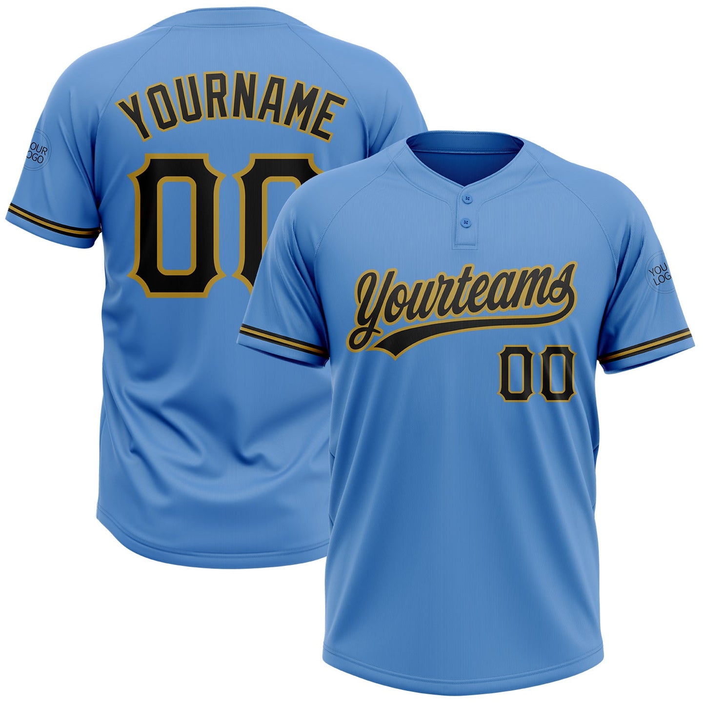 Custom Powder Blue Black-Old Gold Two-Button Unisex Softball Jersey - Main View