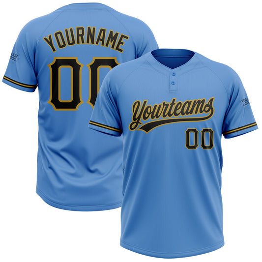 Custom Powder Blue Black-Old Gold Two-Button Unisex Softball Jersey - Main View