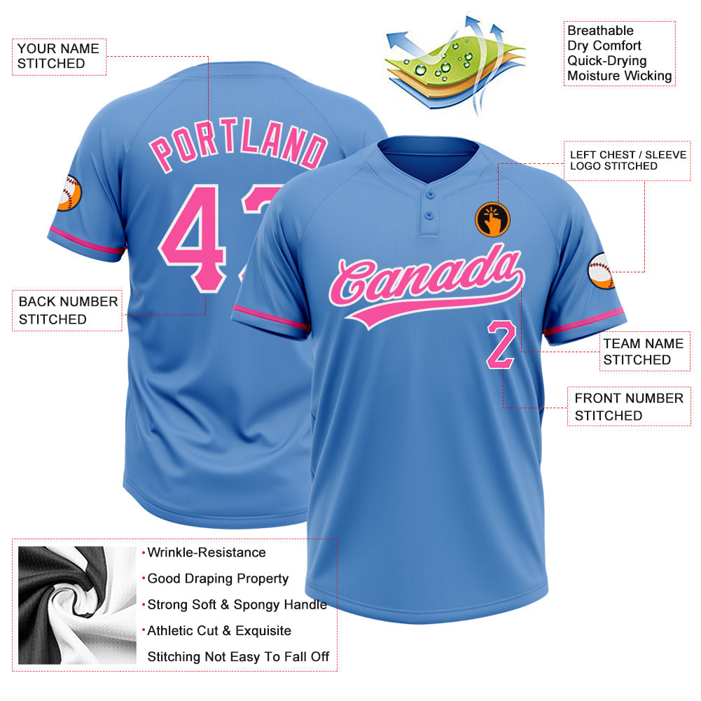 Custom Powder Blue Pink-White Two-Button Unisex Softball Jersey view 3