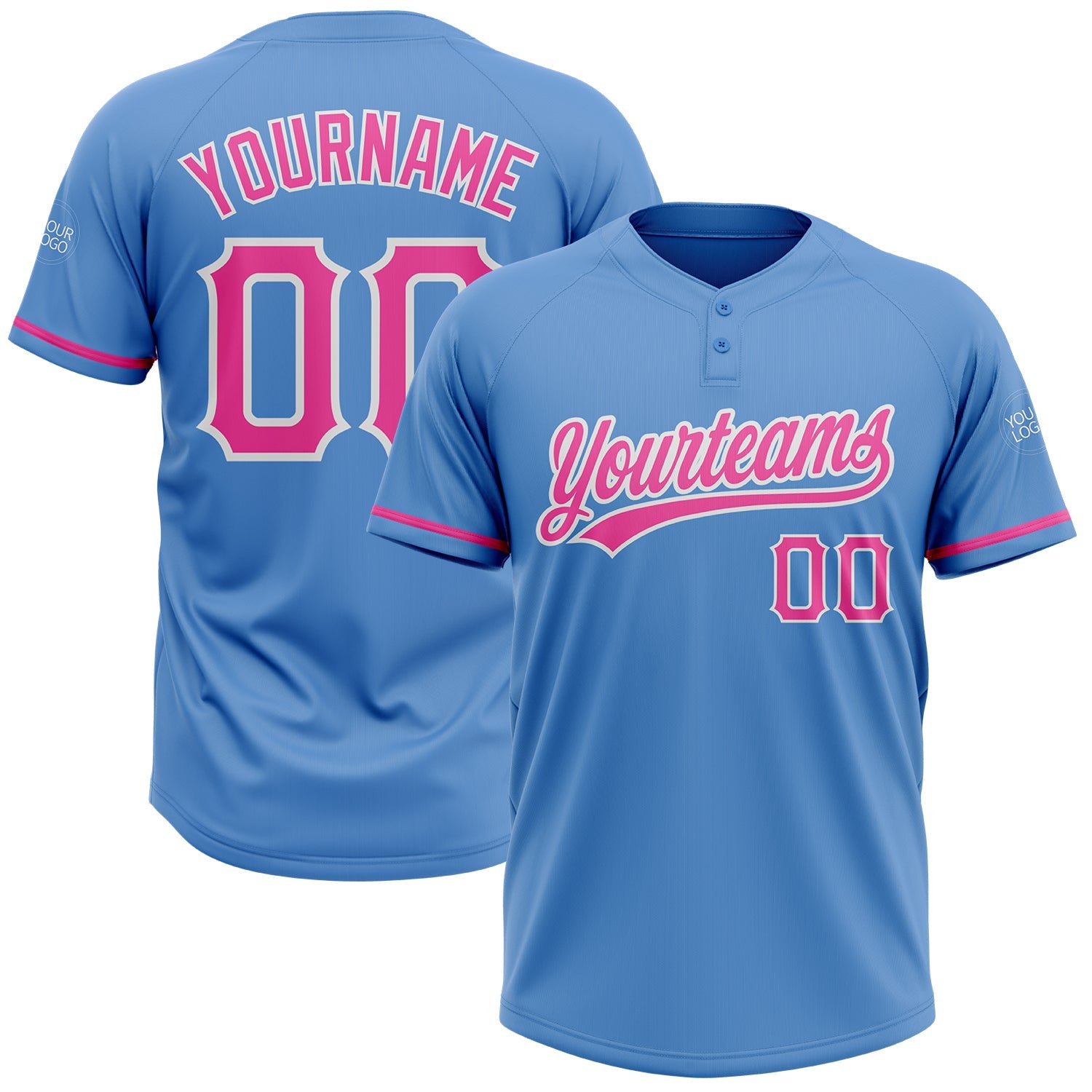 Custom Powder Blue Pink-White Two-Button Unisex Softball Jersey - Main View
