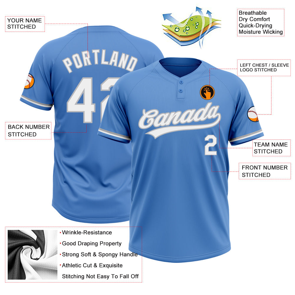 Custom Powder Blue White-Gray Two-Button Unisex Softball Jersey view 3