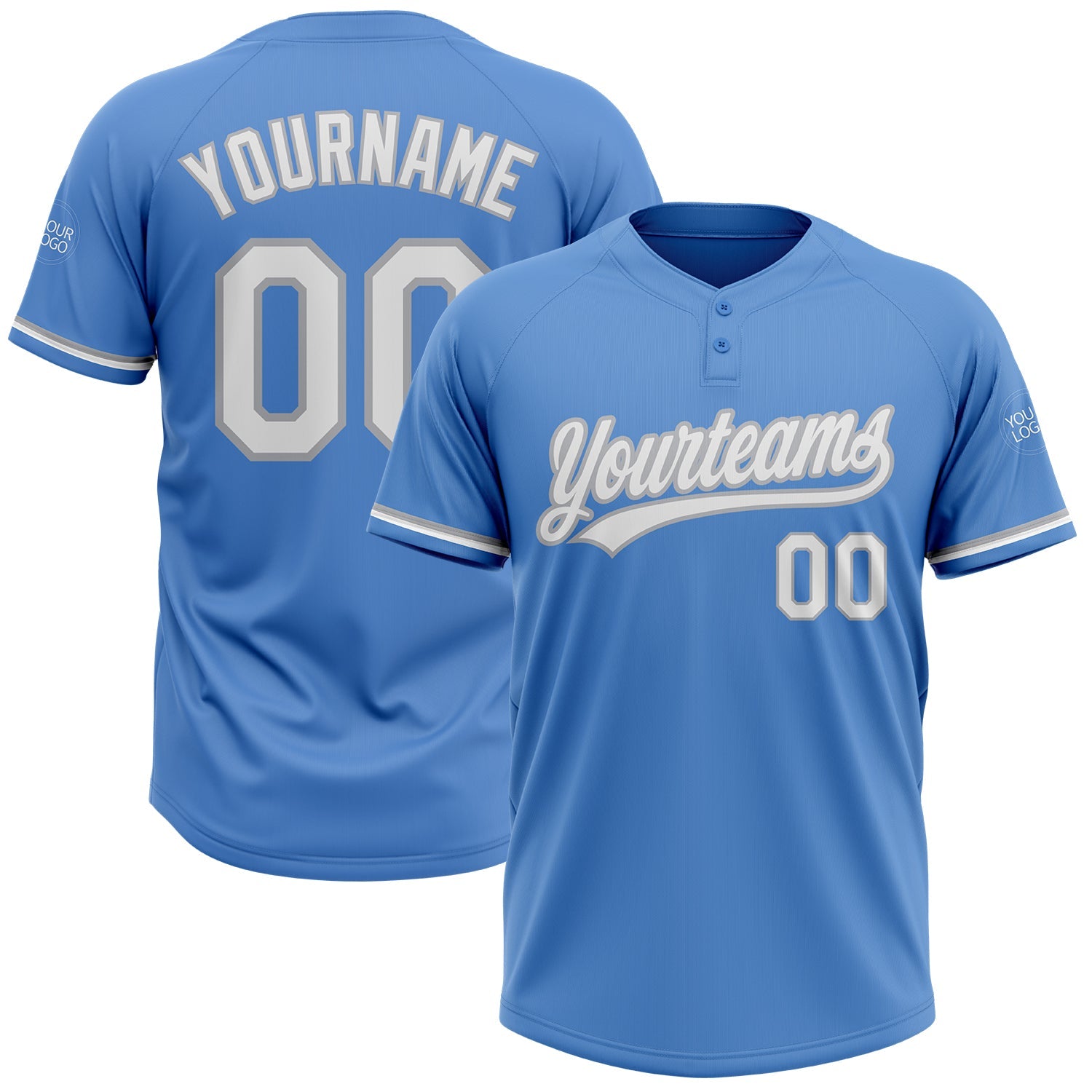 Custom Powder Blue White-Gray Two-Button Unisex Softball Jersey - Main View