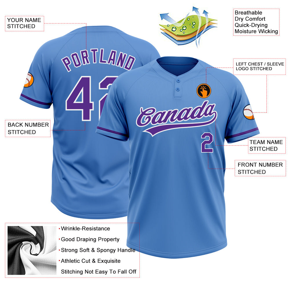 Custom Powder Blue Purple-White Two-Button Unisex Softball Jersey view 3