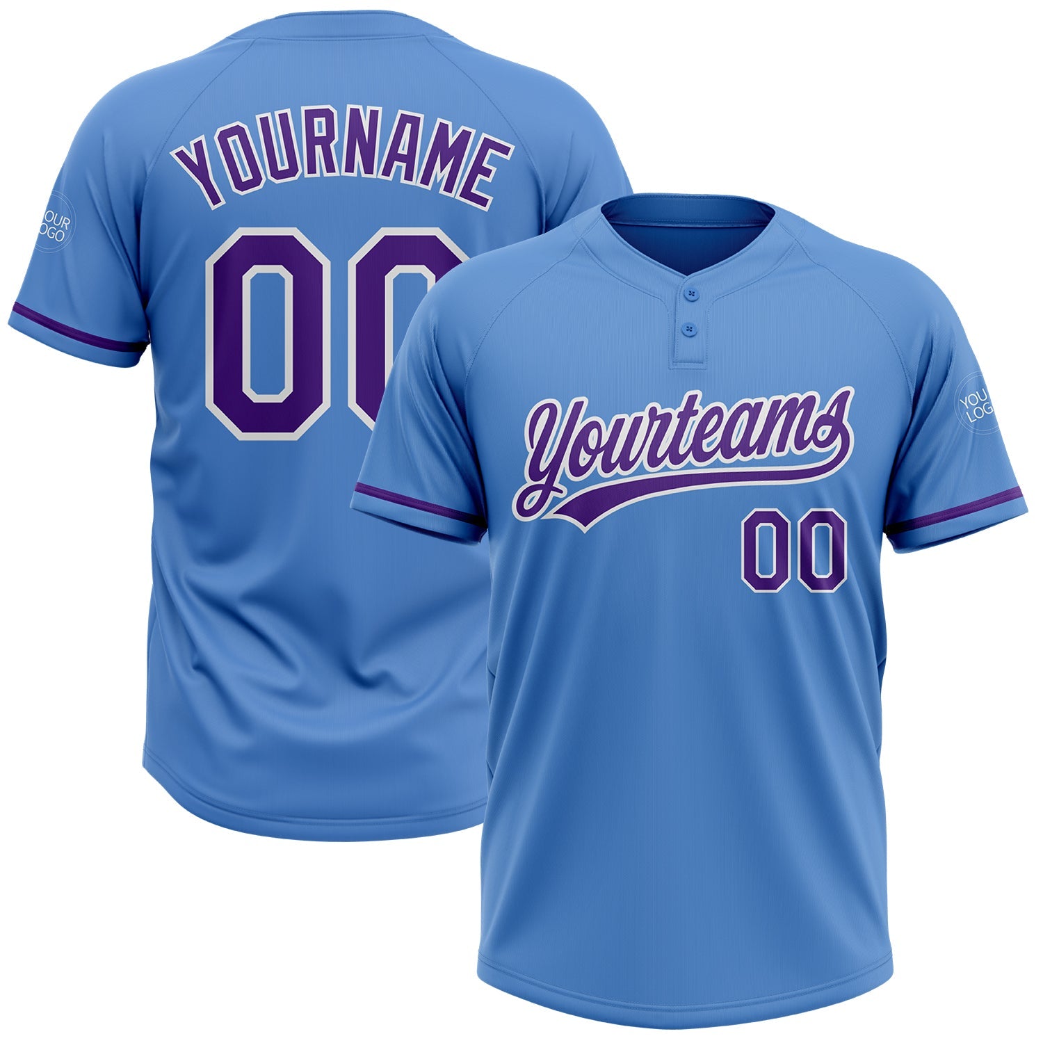 Custom Powder Blue Purple-White Two-Button Unisex Softball Jersey - Main View