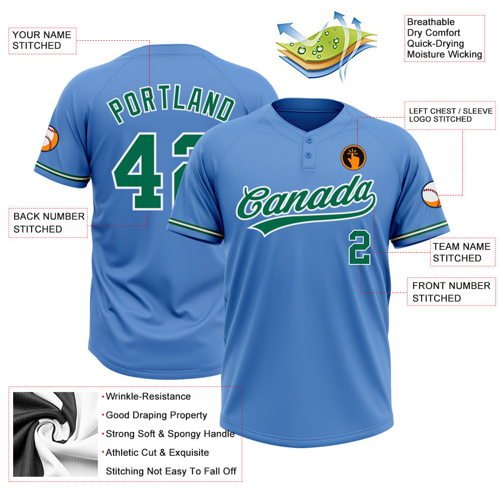 Custom Powder Blue Kelly Green-White Two-Button Unisex Softball Jersey view 3