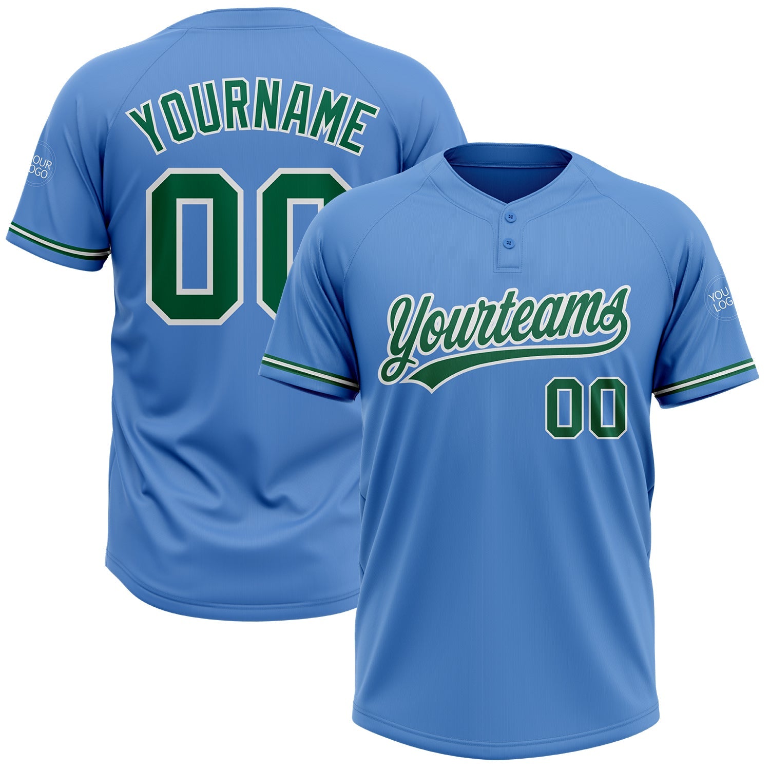 Custom Powder Blue Kelly Green-White Two-Button Unisex Softball Jersey - Main View