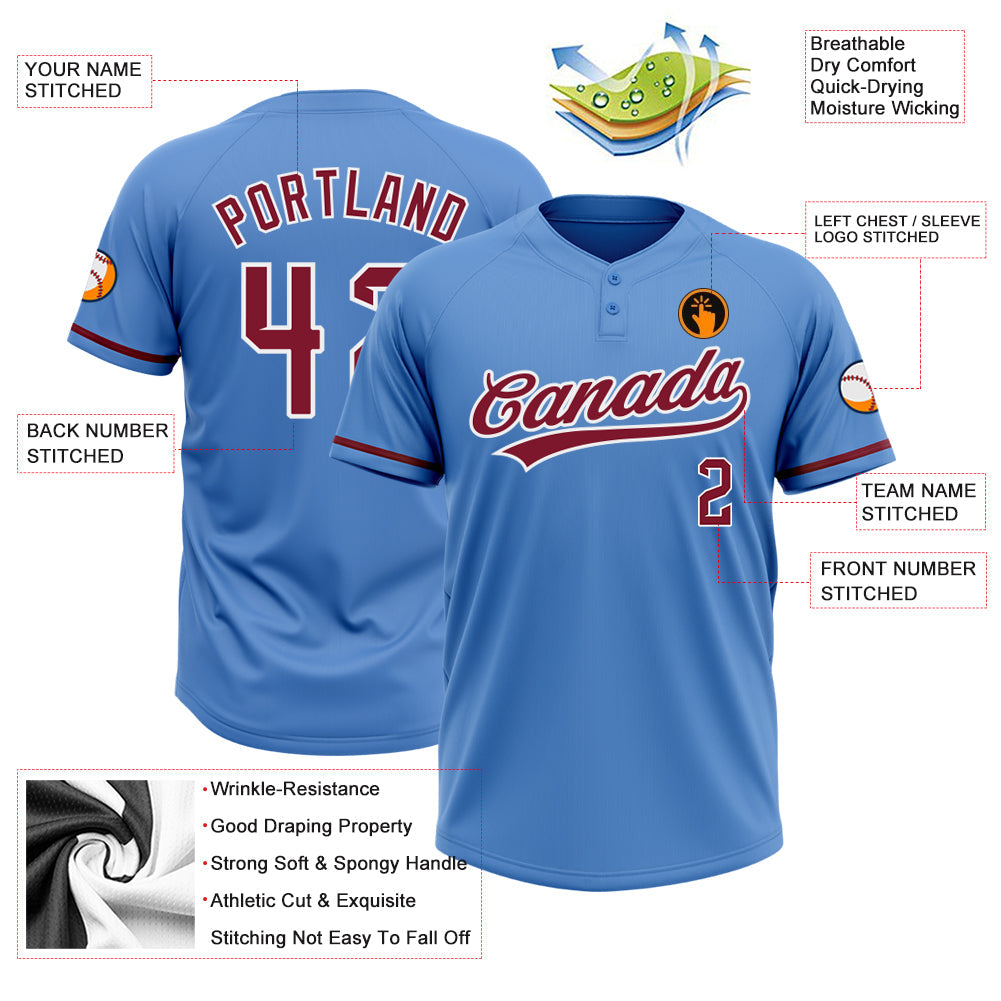 Custom Powder Blue Crimson-White Two-Button Unisex Softball Jersey view 3