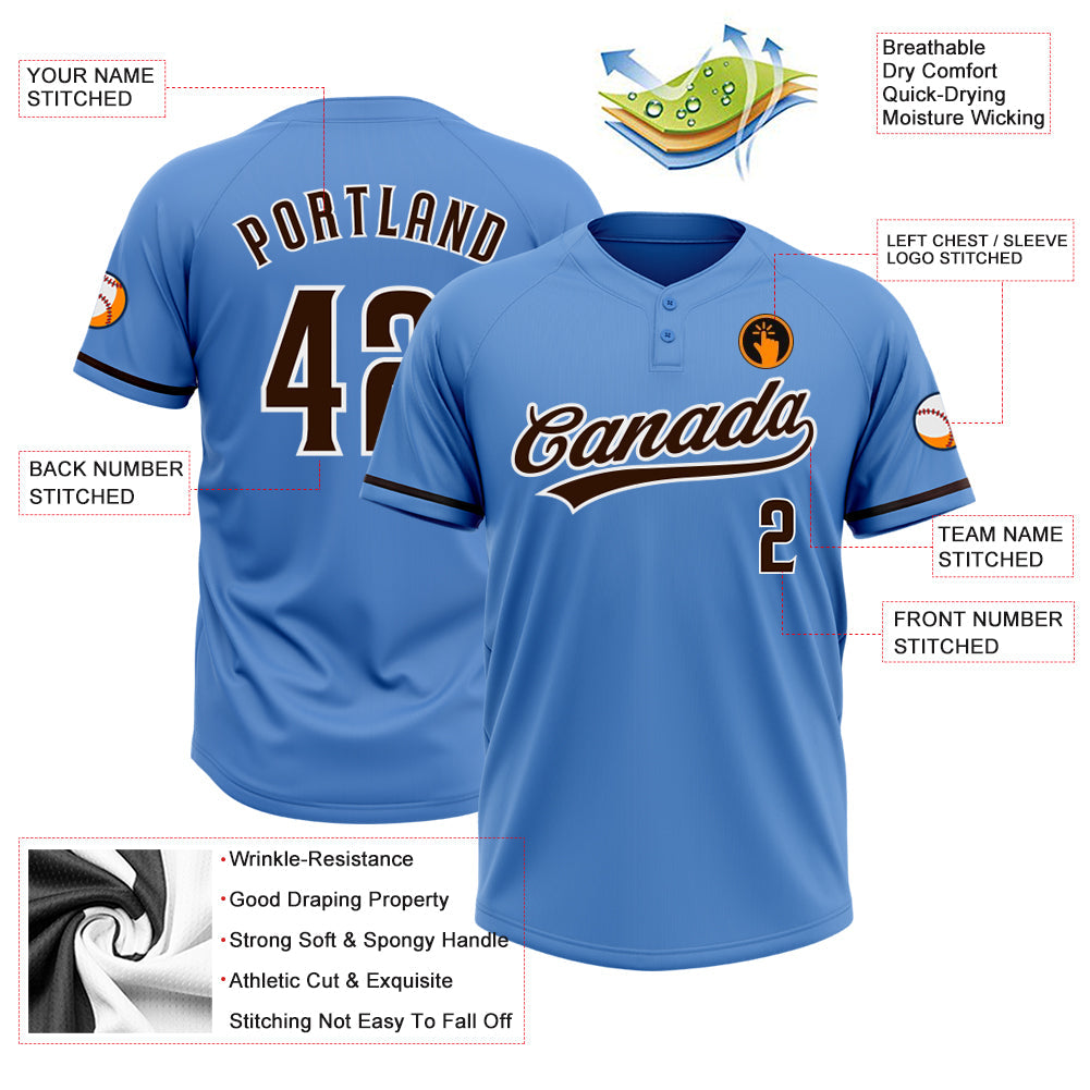Custom Powder Blue Brown-White Two-Button Unisex Softball Jersey view 3