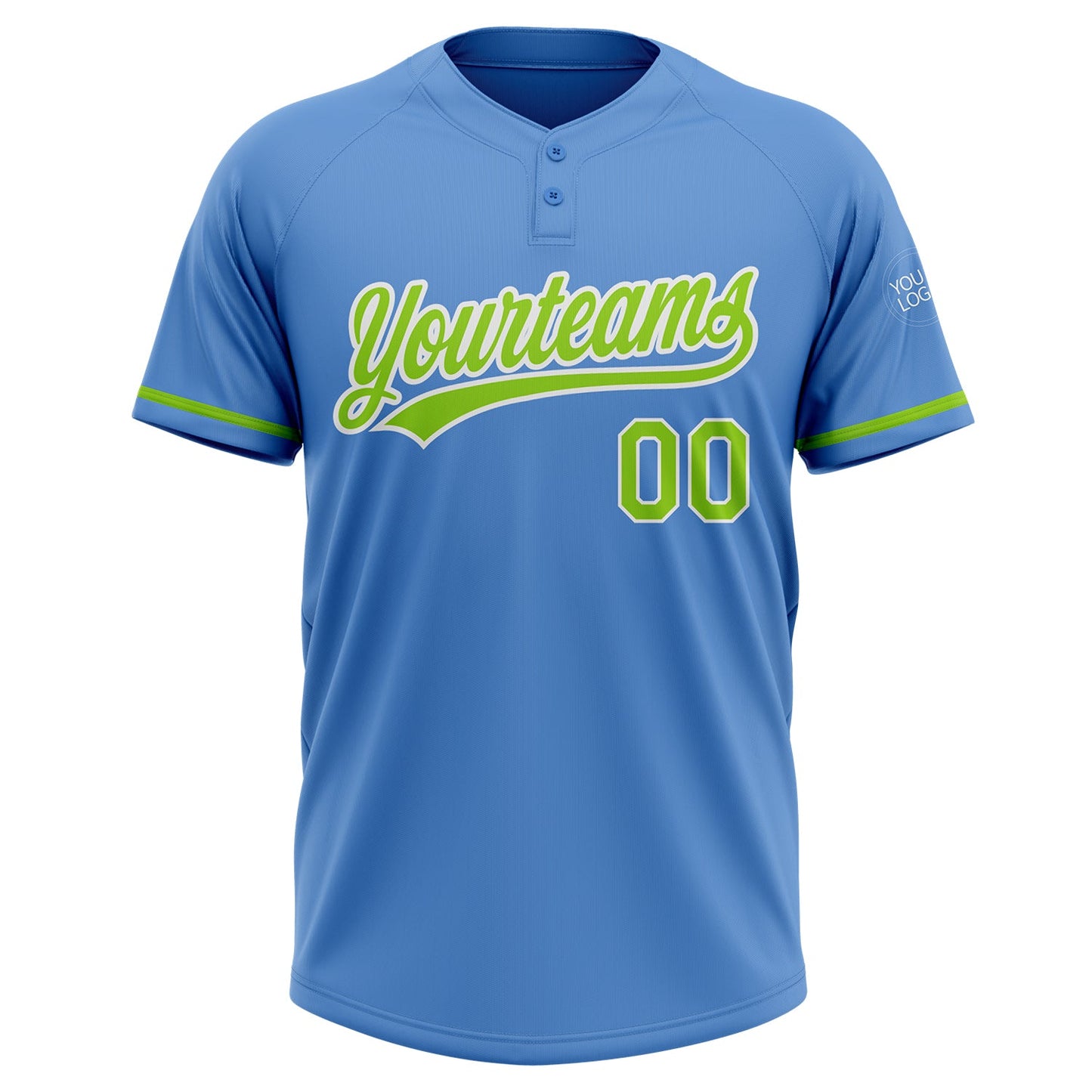 Custom Powder Blue Neon Green-White Two-Button Unisex Softball Jersey view 2