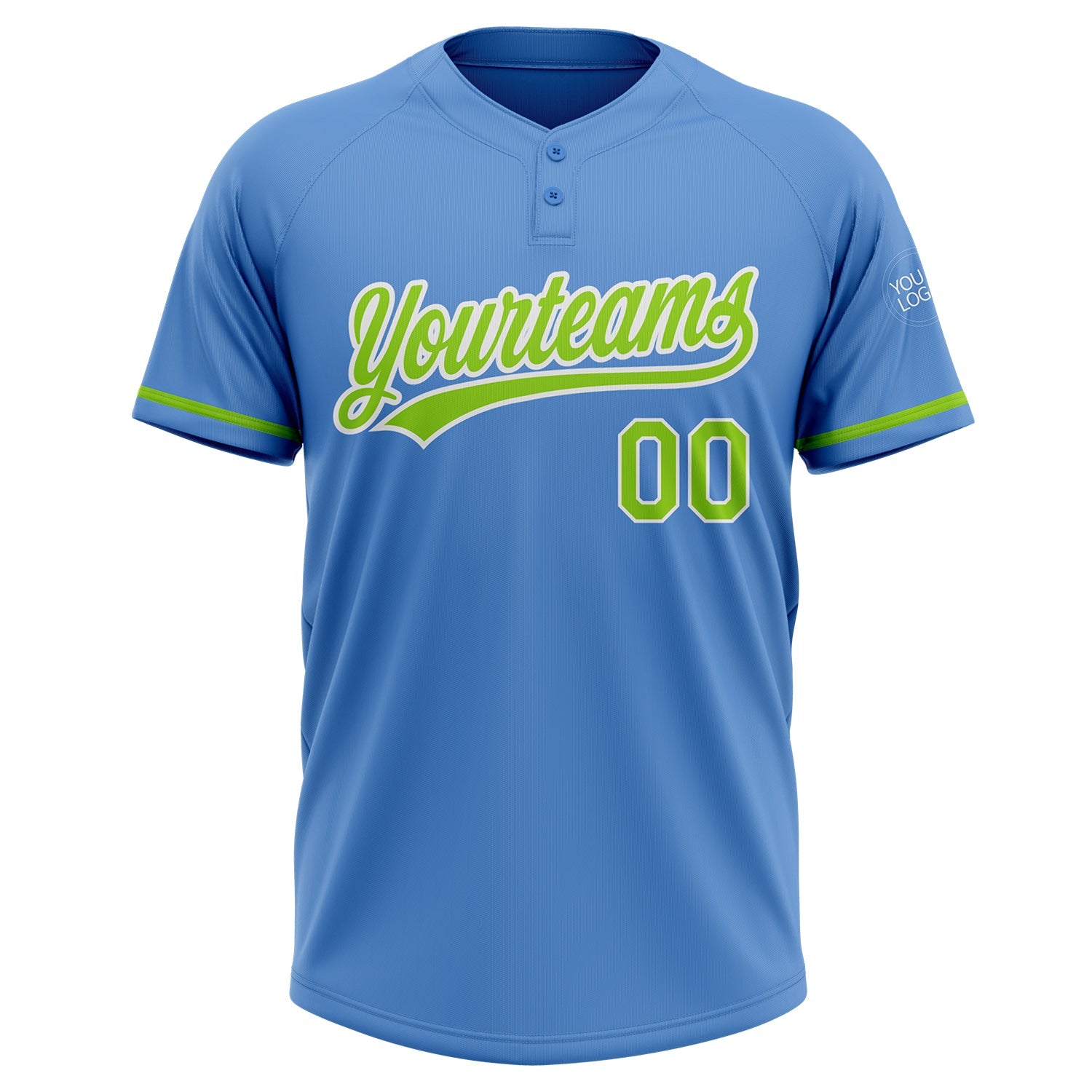Custom Powder Blue Neon Green-White Two-Button Unisex Softball Jersey view 2