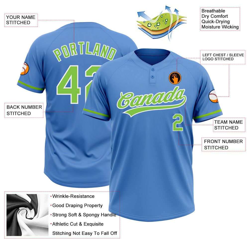 Custom Powder Blue Neon Green-White Two-Button Unisex Softball Jersey view 3