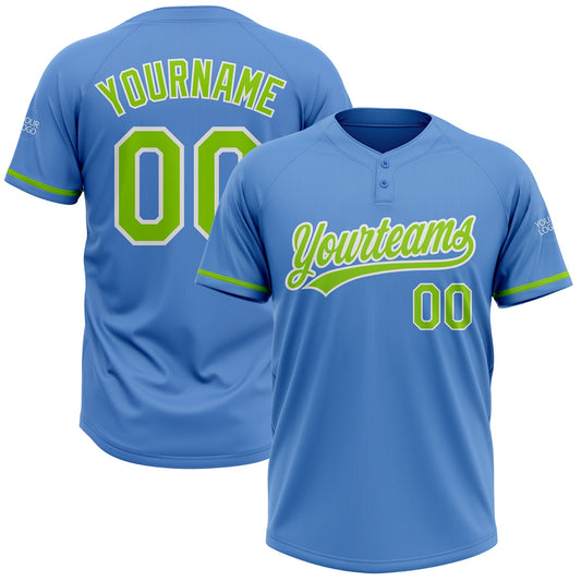 Custom Powder Blue Neon Green-White Two-Button Unisex Softball Jersey - Main View