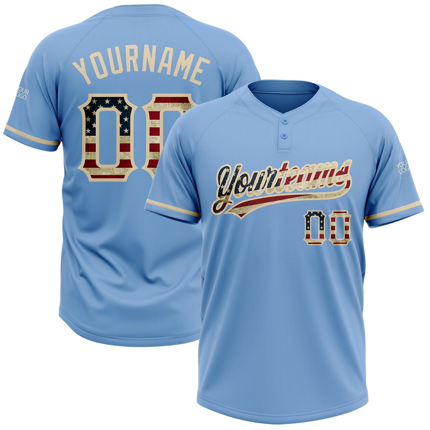 Custom Light Blue Vintage USA Flag-City Cream Two-Button Unisex Softball Jersey - Main View