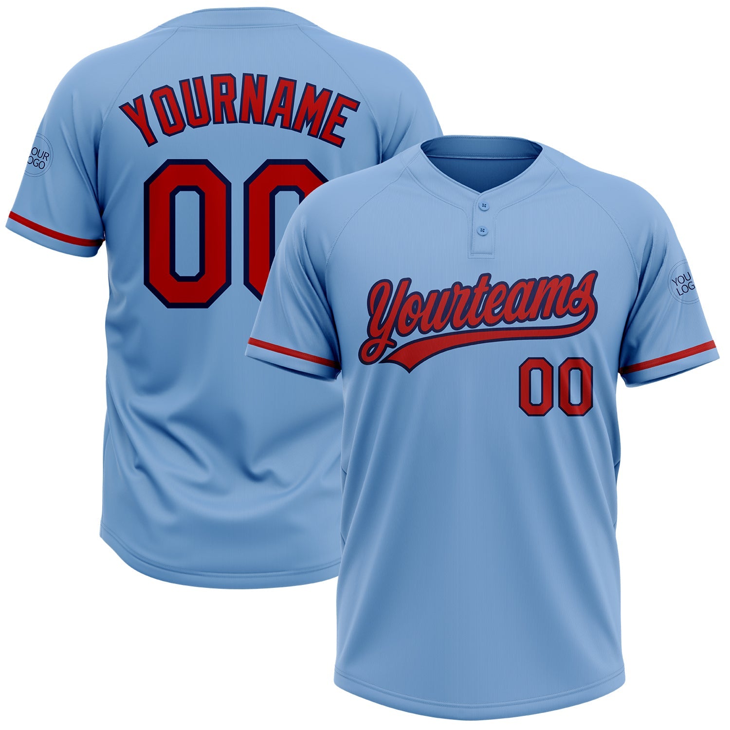 Custom Light Blue Red-Navy Two-Button Unisex Softball Jersey - Main View