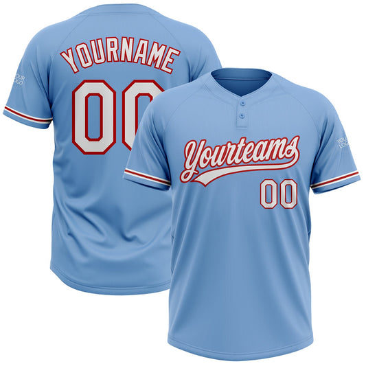 Custom Light Blue White-Red Two-Button Unisex Softball Jersey - Main View