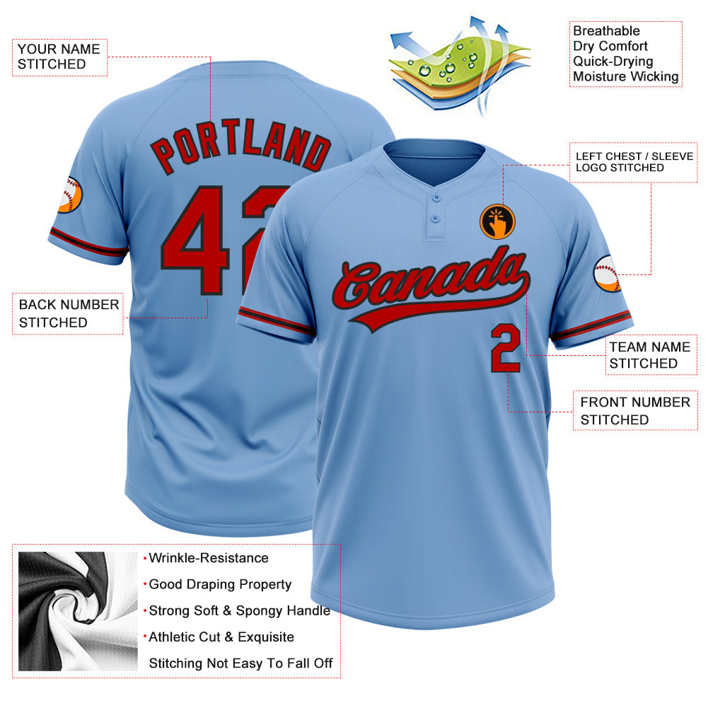 Custom Light Blue Red-Black Two-Button Unisex Softball Jersey view 3