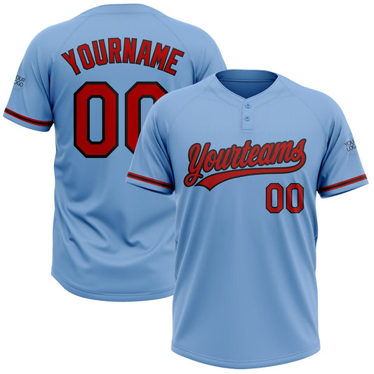Custom Light Blue Red-Black Two-Button Unisex Softball Jersey - Main View