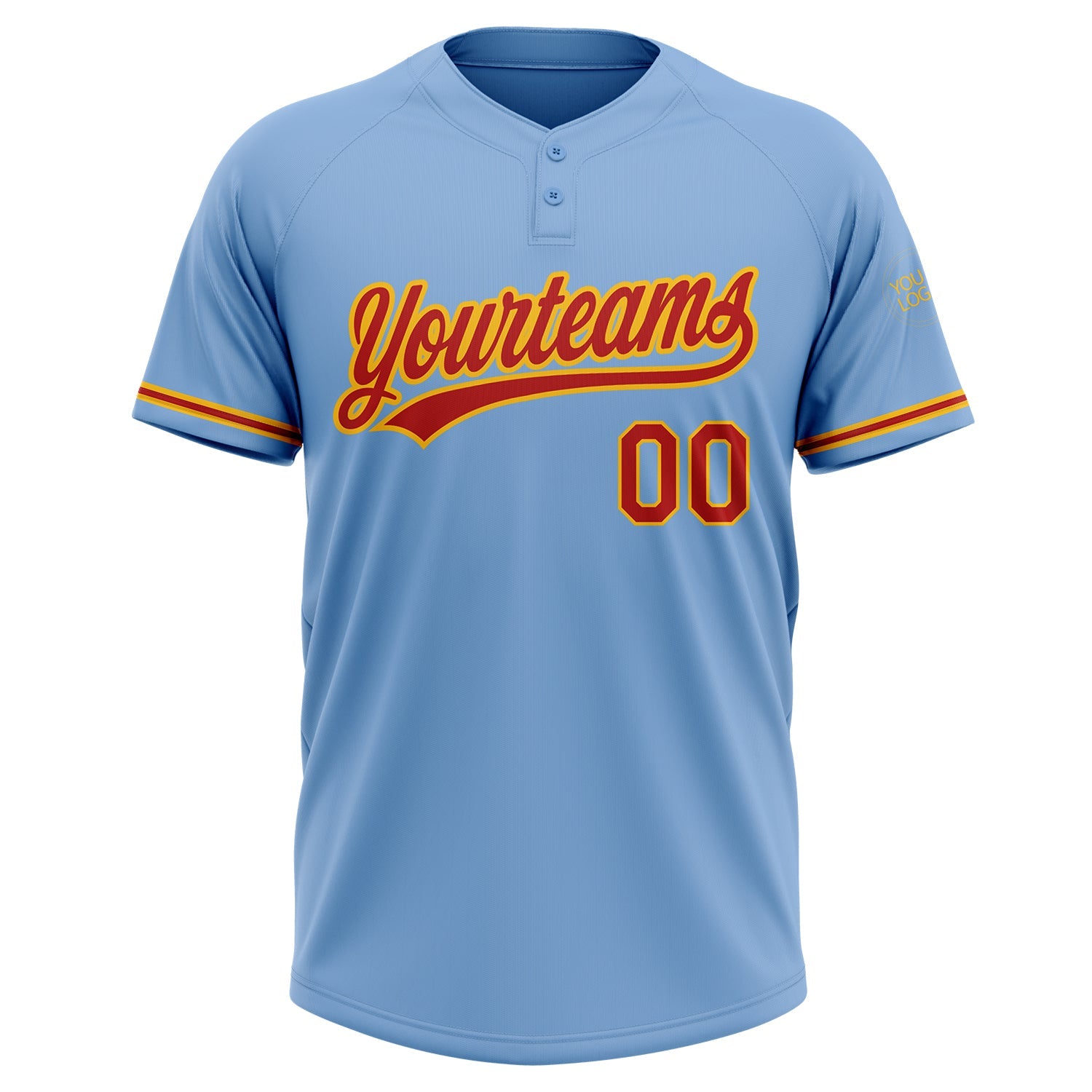 Custom Light Blue Red-Gold Two-Button Unisex Softball Jersey view 2