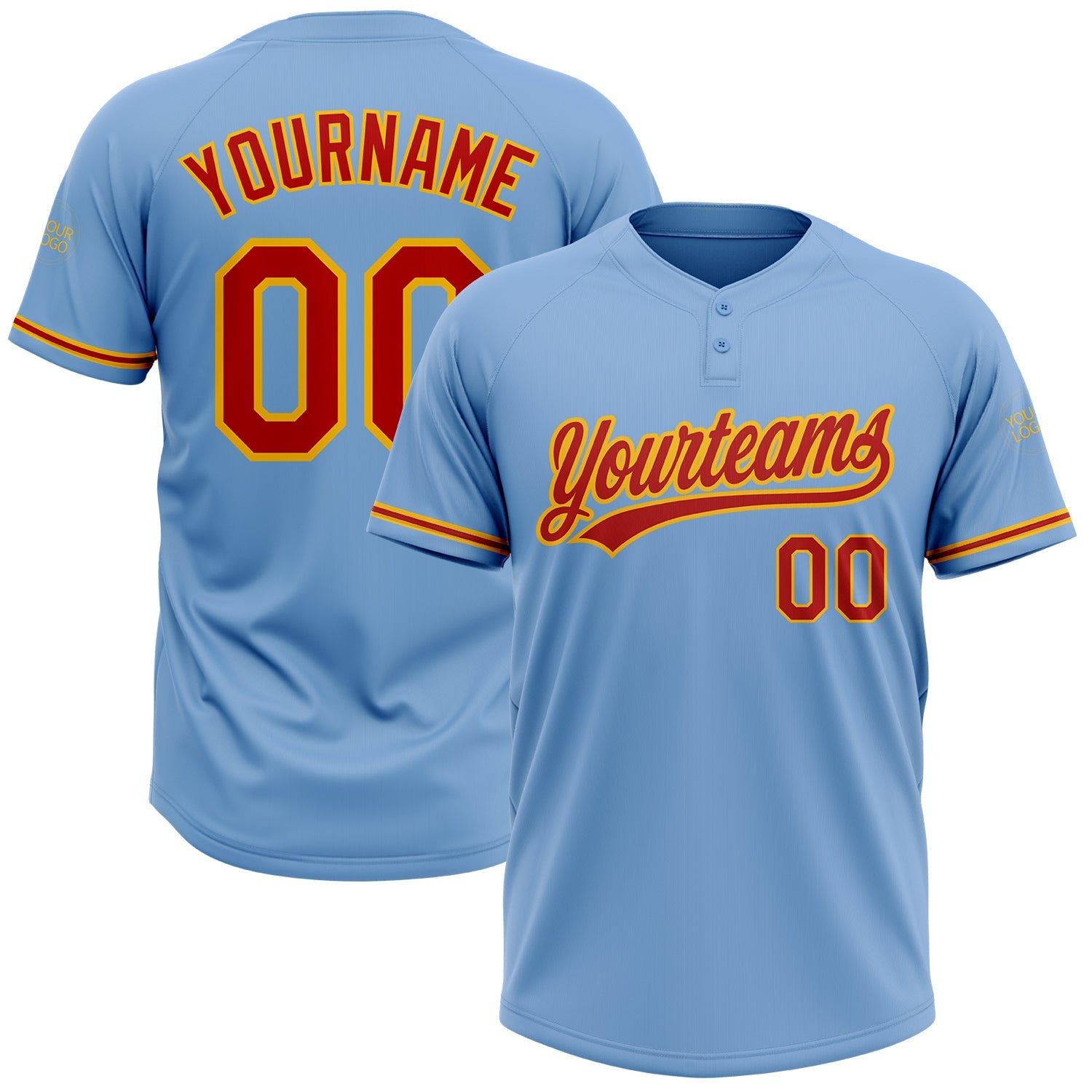 Custom Light Blue Red-Gold Two-Button Unisex Softball Jersey - Main View